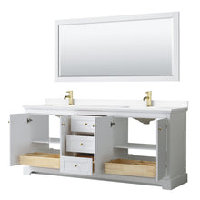 Load image into Gallery viewer, Wyndham Collection WCV232380DWGWCUNSM70 Avery 80 Inch Double Bathroom Vanity in White, White Cultured Marble Countertop, Undermount Square Sinks, 70 Inch Mirror, Brushed Gold Trim