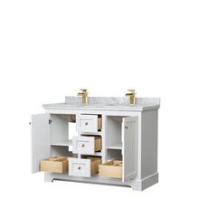 Load image into Gallery viewer, Wyndham Collection WCV232348DWGCMUNSMXX Avery 48 Inch Double Bathroom Vanity in White, White Carrara Marble Countertop, Undermount Square Sinks, Brushed Gold Trim