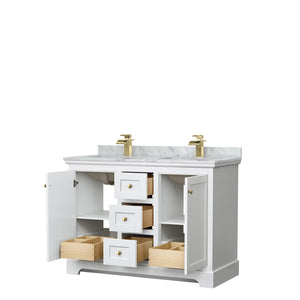 Wyndham Collection WCV232348DWGCMUNSMXX Avery 48 Inch Double Bathroom Vanity in White, White Carrara Marble Countertop, Undermount Square Sinks, Brushed Gold Trim