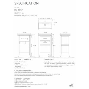 Design Element S02-20-GY Cara 20" Single Sink Vanity In Gray