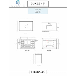 Lexora LD342248SAWQM46F Dukes 48" White Single Vanity, White Quartz Top, White Square Sink and 46" Mirror w/ Faucet