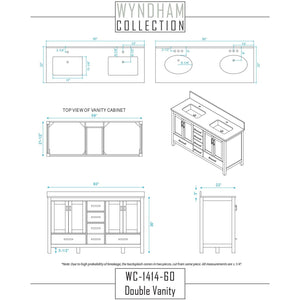 Wyndham Collection WCS141460DGYC2UNSMXX Sheffield 60 Inch Double Bathroom Vanity in Gray, Carrara Cultured Marble Countertop, Undermount Square Sinks, No Mirror