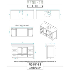 Wyndham Collection WCS141460SGYC2UNSMXX Sheffield 60 Inch Single Bathroom Vanity in Gray, Carrara Cultured Marble Countertop, Undermount Square Sink, No Mirror