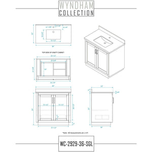 Wyndham Collection WCF292936SKGWCUNSMXX Miranda 36 Inch Single Bathroom Vanity in Dark Gray, White Cultured Marble Countertop, Undermount Square Sink, Brushed Nickel Trim