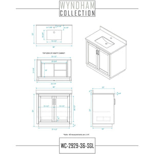 Wyndham Collection WCF292936SKGCMUNSMXX Miranda 36 Inch Single Bathroom Vanity in Dark Gray, White Carrara Marble Countertop, Undermount Square Sink, Brushed Nickel Trim