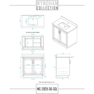 Wyndham Collection WCF292936SGGCMUNSM34 Miranda 36 Inch Single Bathroom Vanity in Dark Gray, White Carrara Marble Countertop, Undermount Square Sink, Brushed Gold Trim, 34 Inch Mirror