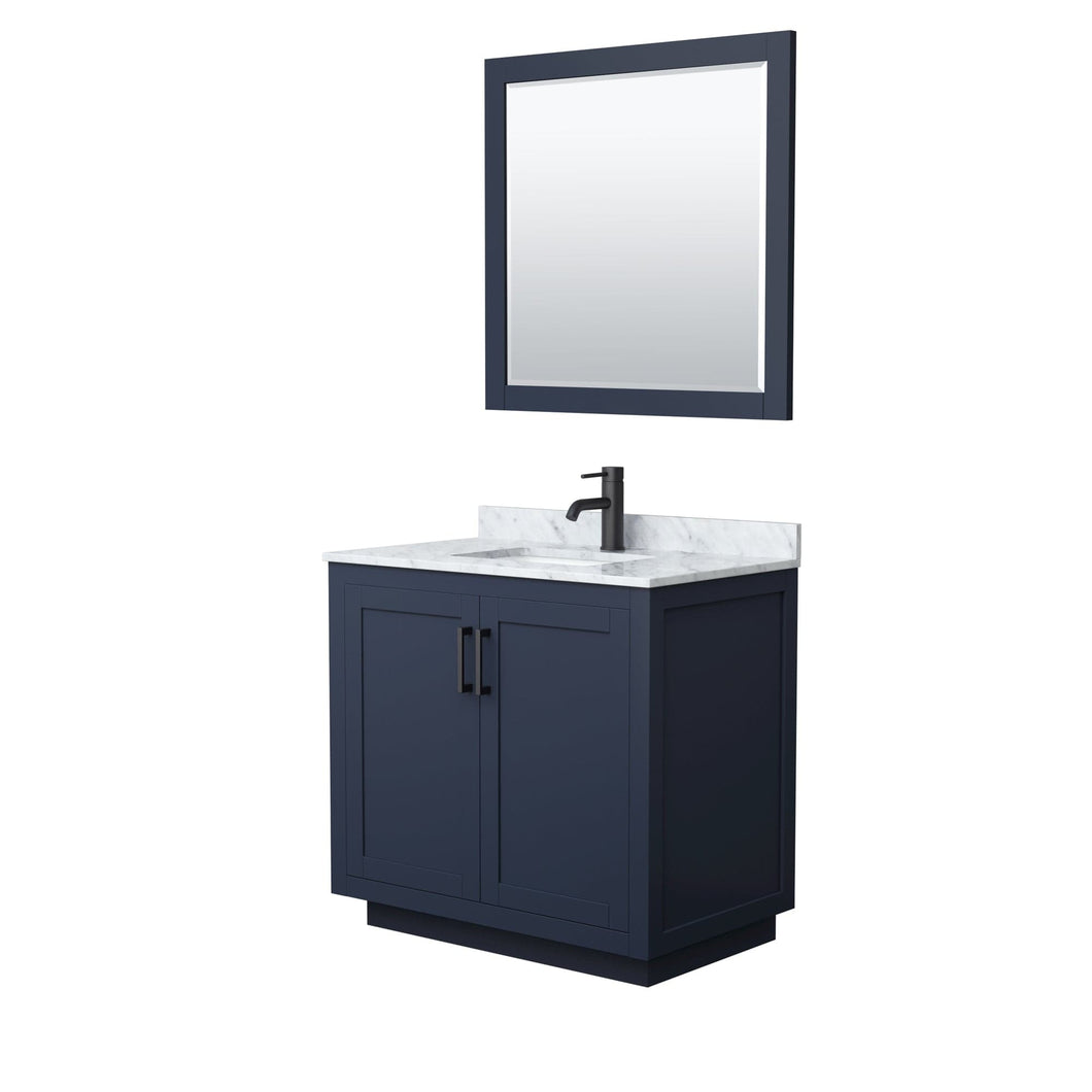 Wyndham Collection WCF292936SBBCMUNSM34 Miranda 36 Inch Single Bathroom Vanity in Dark Blue, White Carrara Marble Countertop, Undermount Square Sink, Matte Black Trim, 34 Inch Mirror