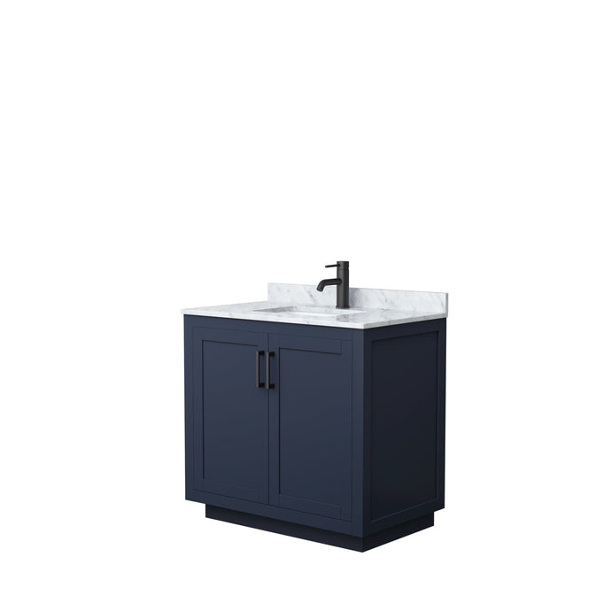 Wyndham Collection WCF292936SBBCMUNSMXX Miranda 36 Inch Single Bathroom Vanity in Dark Blue, White Carrara Marble Countertop, Undermount Square Sink, Matte Black Trim