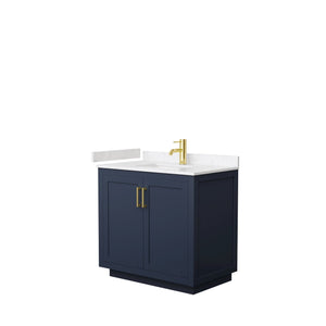 Wyndham Collection WCF292936SBLC2UNSMXX Miranda 36 Inch Single Bathroom Vanity in Dark Blue, Light-Vein Carrara Cultured Marble Countertop, Undermount Square Sink, Brushed Gold Trim