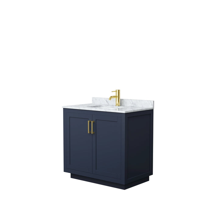 Wyndham Collection WCF292936SBLCMUNSMXX Miranda 36 Inch Single Bathroom Vanity in Dark Blue, White Carrara Marble Countertop, Undermount Square Sink, Brushed Gold Trim