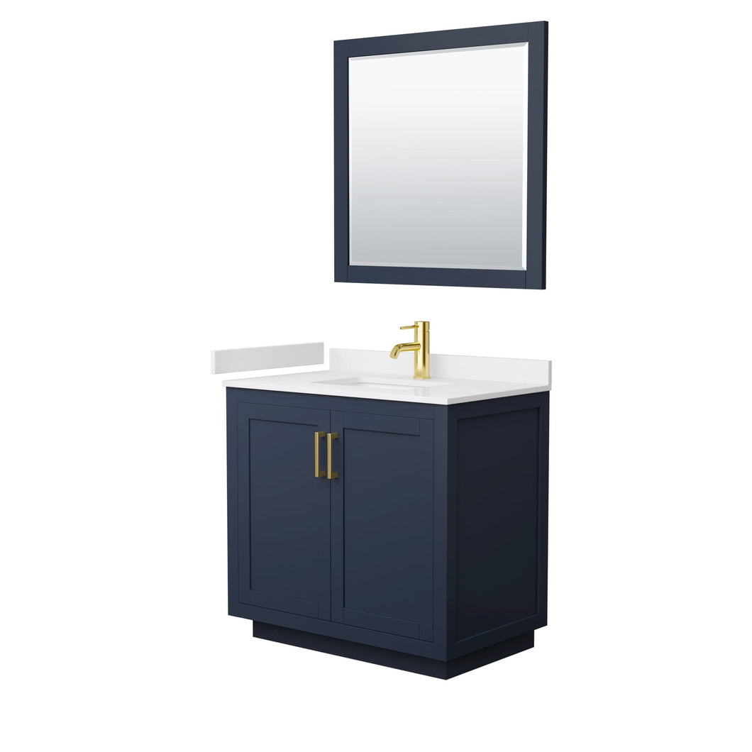 Wyndham Collection WCF292936SBLWCUNSM34 Miranda 36 Inch Single Bathroom Vanity in Dark Blue, White Cultured Marble Countertop, Undermount Square Sink, Brushed Gold Trim, 34 Inch Mirror