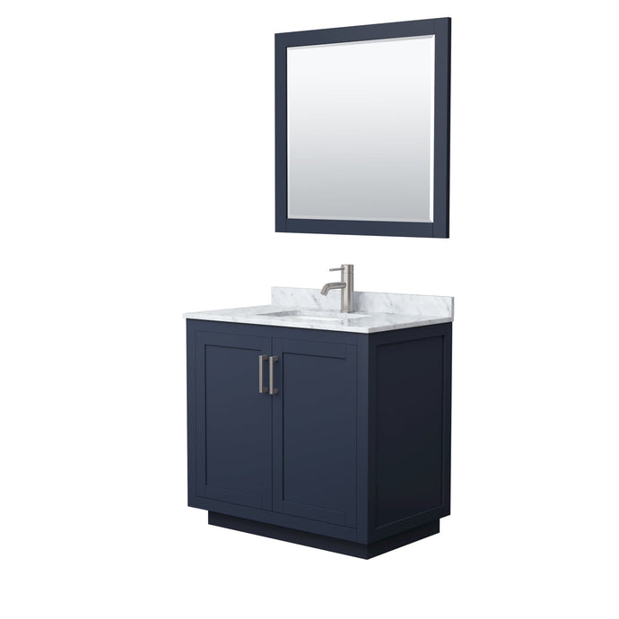 Wyndham Collection WCF292936SBNCMUNSM34 Miranda 36 Inch Single Bathroom Vanity in Dark Blue, White Carrara Marble Countertop, Undermount Square Sink, Brushed Nickel Trim, 34 Inch Mirror