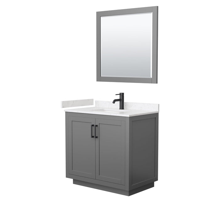 Wyndham Collection WCF292936SGBC2UNSM34 Miranda 36 Inch Single Bathroom Vanity in Dark Gray, Light-Vein Carrara Cultured Marble Countertop, Undermount Square Sink, Matte Black Trim, 34 Inch Mirror