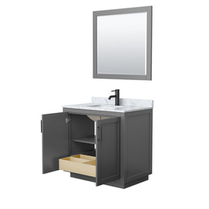 Wyndham Collection WCF292936SGBCMUNSM34 Miranda 36 Inch Single Bathroom Vanity in Dark Gray, White Carrara Marble Countertop, Undermount Square Sink, Matte Black Trim, 34 Inch Mirror