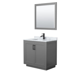 Wyndham Collection WCF292936SGBCMUNSM34 Miranda 36 Inch Single Bathroom Vanity in Dark Gray, White Carrara Marble Countertop, Undermount Square Sink, Matte Black Trim, 34 Inch Mirror
