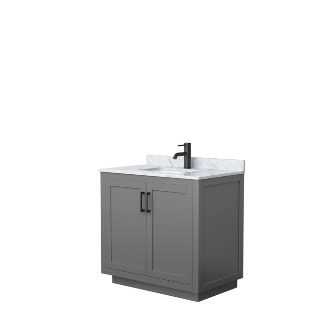 Wyndham Collection WCF292936SGBCMUNSMXX Miranda 36 Inch Single Bathroom Vanity in Dark Gray, White Carrara Marble Countertop, Undermount Square Sink, Matte Black Trim