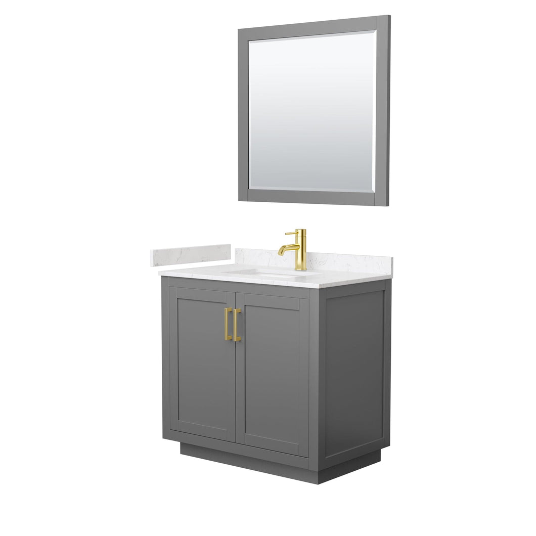Wyndham Collection WCF292936SGGC2UNSM34 Miranda 36 Inch Single Bathroom Vanity in Dark Gray, Light-Vein Carrara Cultured Marble Countertop, Undermount Square Sink, Brushed Gold Trim, 34 Inch Mirror