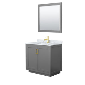 Wyndham Collection WCF292936SGGCMUNSM34 Miranda 36 Inch Single Bathroom Vanity in Dark Gray, White Carrara Marble Countertop, Undermount Square Sink, Brushed Gold Trim, 34 Inch Mirror