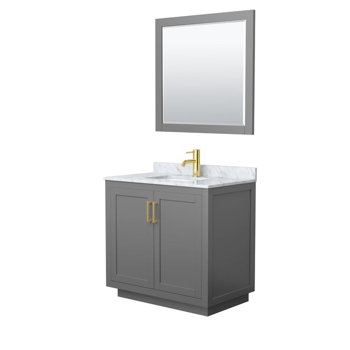 Wyndham Collection WCF292936SGGCMUNSM34 Miranda 36 Inch Single Bathroom Vanity in Dark Gray, White Carrara Marble Countertop, Undermount Square Sink, Brushed Gold Trim, 34 Inch Mirror