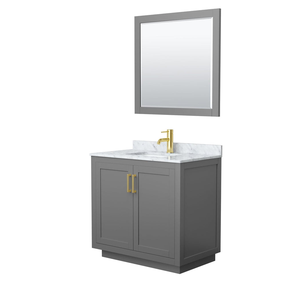 Wyndham Collection WCF292936SGGCMUNSM34 Miranda 36 Inch Single Bathroom Vanity in Dark Gray, White Carrara Marble Countertop, Undermount Square Sink, Brushed Gold Trim, 34 Inch Mirror