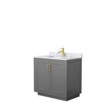 Load image into Gallery viewer, Wyndham Collection WCF292936SGGCMUNSMXX Miranda 36 Inch Single Bathroom Vanity in Dark Gray, White Carrara Marble Countertop, Undermount Square Sink, Brushed Gold Trim