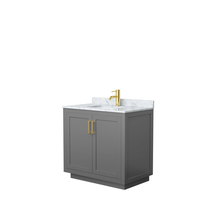 Wyndham Collection WCF292936SGGCMUNSMXX Miranda 36 Inch Single Bathroom Vanity in Dark Gray, White Carrara Marble Countertop, Undermount Square Sink, Brushed Gold Trim