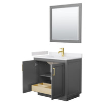 Load image into Gallery viewer, Wyndham Collection WCF292936SGGWCUNSM34 Miranda 36 Inch Single Bathroom Vanity in Dark Gray, White Cultured Marble Countertop, Undermount Square Sink, Brushed Gold Trim, 34 Inch Mirror