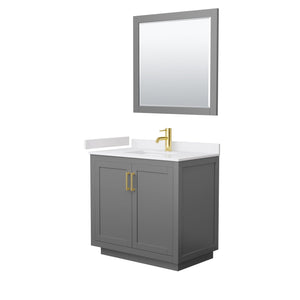 Wyndham Collection WCF292936SGGWCUNSM34 Miranda 36 Inch Single Bathroom Vanity in Dark Gray, White Cultured Marble Countertop, Undermount Square Sink, Brushed Gold Trim, 34 Inch Mirror
