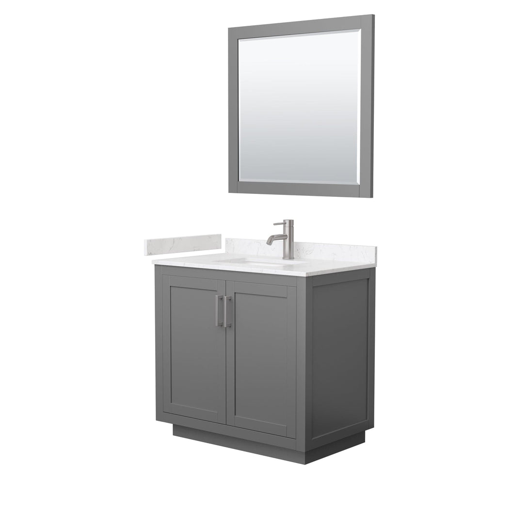 Wyndham Collection WCF292936SKGC2UNSM34 Miranda 36 Inch Single Bathroom Vanity in Dark Gray, Light-Vein Carrara Cultured Marble Countertop, Undermount Square Sink, Brushed Nickel Trim, 34 Inch Mirror