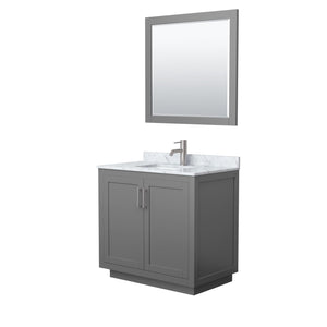 Wyndham Collection WCF292936SKGCMUNSM34 Miranda 36 Inch Single Bathroom Vanity in Dark Gray, White Carrara Marble Countertop, Undermount Square Sink, Brushed Nickel Trim, 34 Inch Mirror