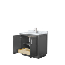 Load image into Gallery viewer, Wyndham Collection WCF292936SKGCMUNSMXX Miranda 36 Inch Single Bathroom Vanity in Dark Gray, White Carrara Marble Countertop, Undermount Square Sink, Brushed Nickel Trim