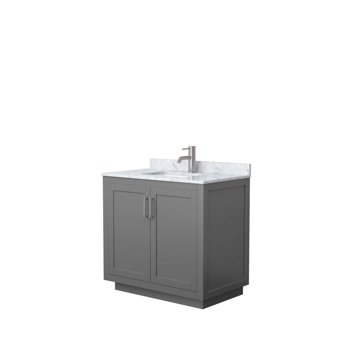 Wyndham Collection WCF292936SKGCMUNSMXX Miranda 36 Inch Single Bathroom Vanity in Dark Gray, White Carrara Marble Countertop, Undermount Square Sink, Brushed Nickel Trim