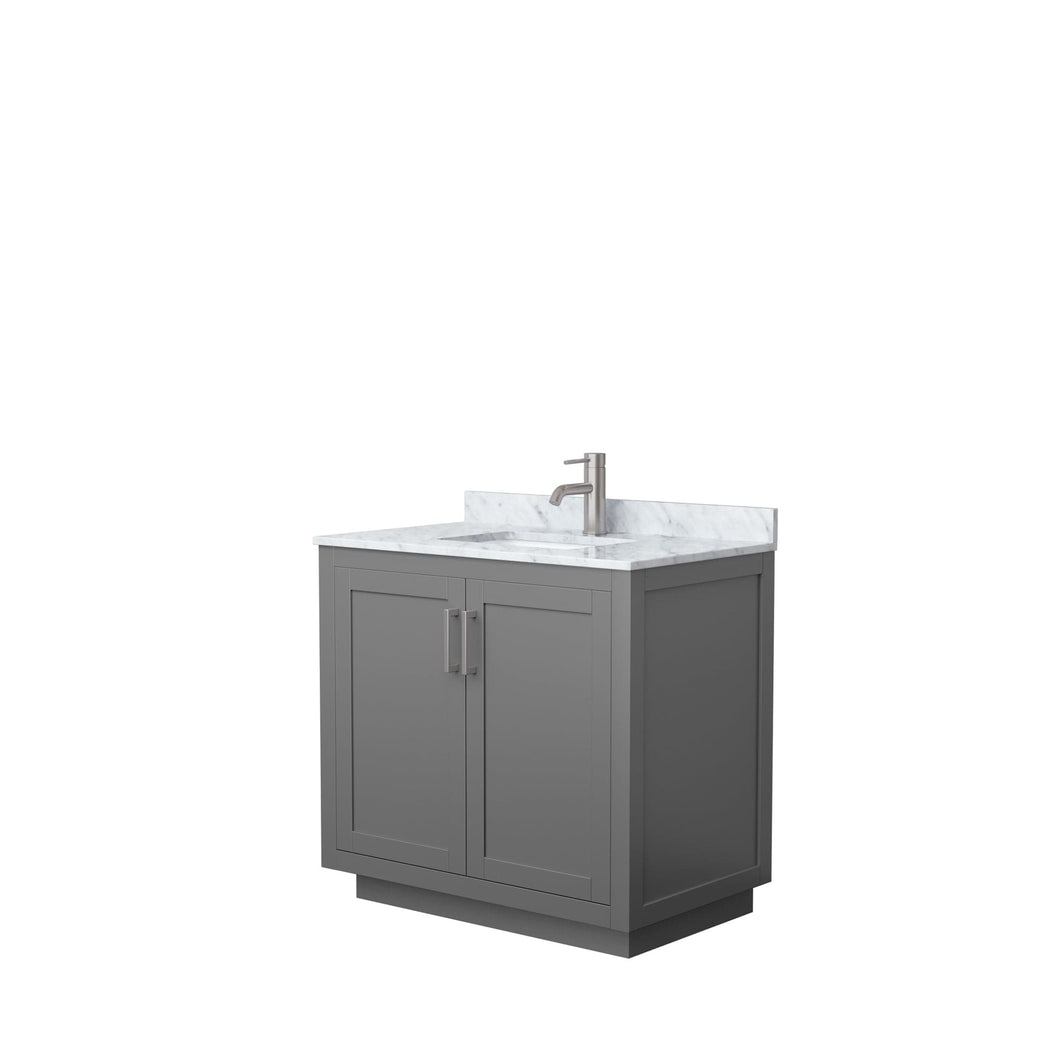 Wyndham Collection WCF292936SKGCMUNSMXX Miranda 36 Inch Single Bathroom Vanity in Dark Gray, White Carrara Marble Countertop, Undermount Square Sink, Brushed Nickel Trim
