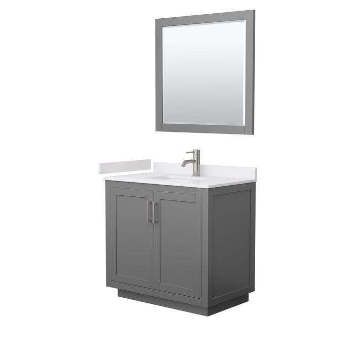 Wyndham Collection WCF292936SKGWCUNSM34 Miranda 36 Inch Single Bathroom Vanity in Dark Gray, White Cultured Marble Countertop, Undermount Square Sink, Brushed Nickel Trim, 34 Inch Mirror