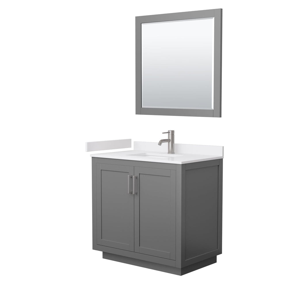 Wyndham Collection WCF292936SKGWCUNSM34 Miranda 36 Inch Single Bathroom Vanity in Dark Gray, White Cultured Marble Countertop, Undermount Square Sink, Brushed Nickel Trim, 34 Inch Mirror