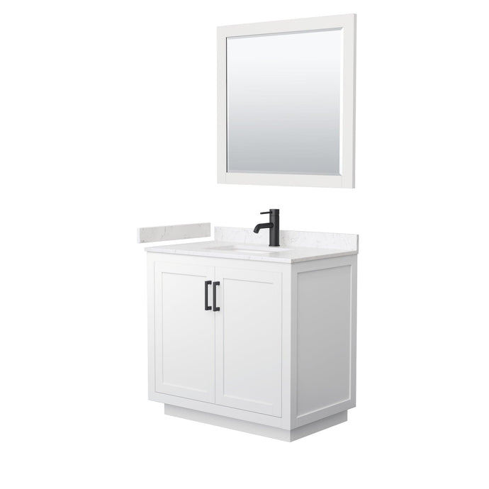 Wyndham Collection WCF292936SWBC2UNSM34 Miranda 36 Inch Single Bathroom Vanity in White, Light-Vein Carrara Cultured Marble Countertop, Undermount Square Sink, Matte Black Trim, 34 Inch Mirror