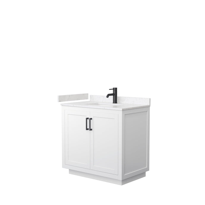 Wyndham Collection WCF292936SWBC2UNSMXX Miranda 36 Inch Single Bathroom Vanity in White, Light-Vein Carrara Cultured Marble Countertop, Undermount Square Sink, Matte Black Trim