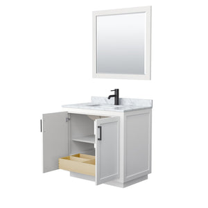 Wyndham Collection WCF292936SWBCMUNSM34 Miranda 36 Inch Single Bathroom Vanity in White, White Carrara Marble Countertop, Undermount Square Sink, Matte Black Trim, 34 Inch Mirror