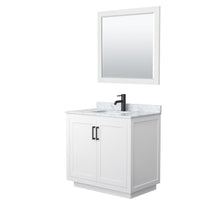Load image into Gallery viewer, Wyndham Collection WCF292936SWBCMUNSM34 Miranda 36 Inch Single Bathroom Vanity in White, White Carrara Marble Countertop, Undermount Square Sink, Matte Black Trim, 34 Inch Mirror
