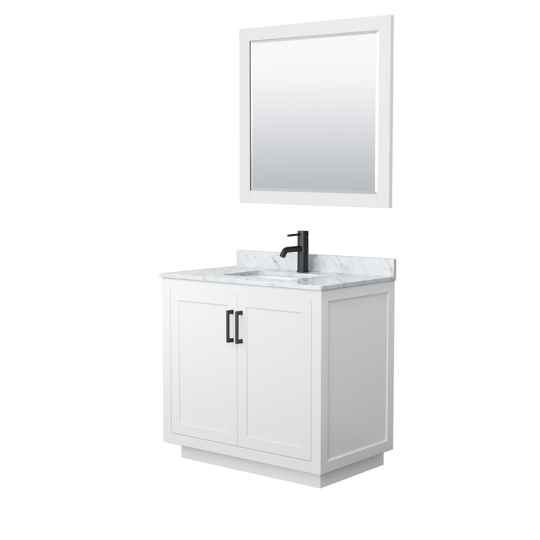 Wyndham Collection WCF292936SWBCMUNSM34 Miranda 36 Inch Single Bathroom Vanity in White, White Carrara Marble Countertop, Undermount Square Sink, Matte Black Trim, 34 Inch Mirror