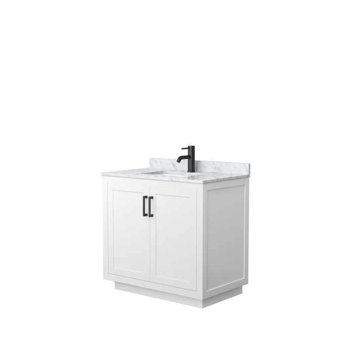 Wyndham Collection WCF292936SWBCMUNSMXX Miranda 36 Inch Single Bathroom Vanity in White, White Carrara Marble Countertop, Undermount Square Sink, Matte Black Trim