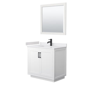 Wyndham Collection WCF292936SWBWCUNSM34 Miranda 36 Inch Single Bathroom Vanity in White, White Cultured Marble Countertop, Undermount Square Sink, Matte Black Trim, 34 Inch Mirror
