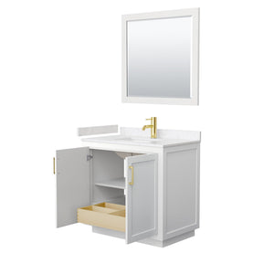 Wyndham Collection WCF292936SWGC2UNSM34 Miranda 36 Inch Single Bathroom Vanity in White, Light-Vein Carrara Cultured Marble Countertop, Undermount Square Sink, Brushed Gold Trim, 34 Inch Mirror