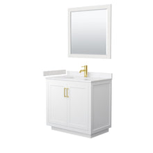 Load image into Gallery viewer, Wyndham Collection WCF292936SWGC2UNSM34 Miranda 36 Inch Single Bathroom Vanity in White, Light-Vein Carrara Cultured Marble Countertop, Undermount Square Sink, Brushed Gold Trim, 34 Inch Mirror
