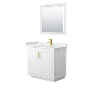 Wyndham Collection WCF292936SWGC2UNSM34 Miranda 36 Inch Single Bathroom Vanity in White, Light-Vein Carrara Cultured Marble Countertop, Undermount Square Sink, Brushed Gold Trim, 34 Inch Mirror