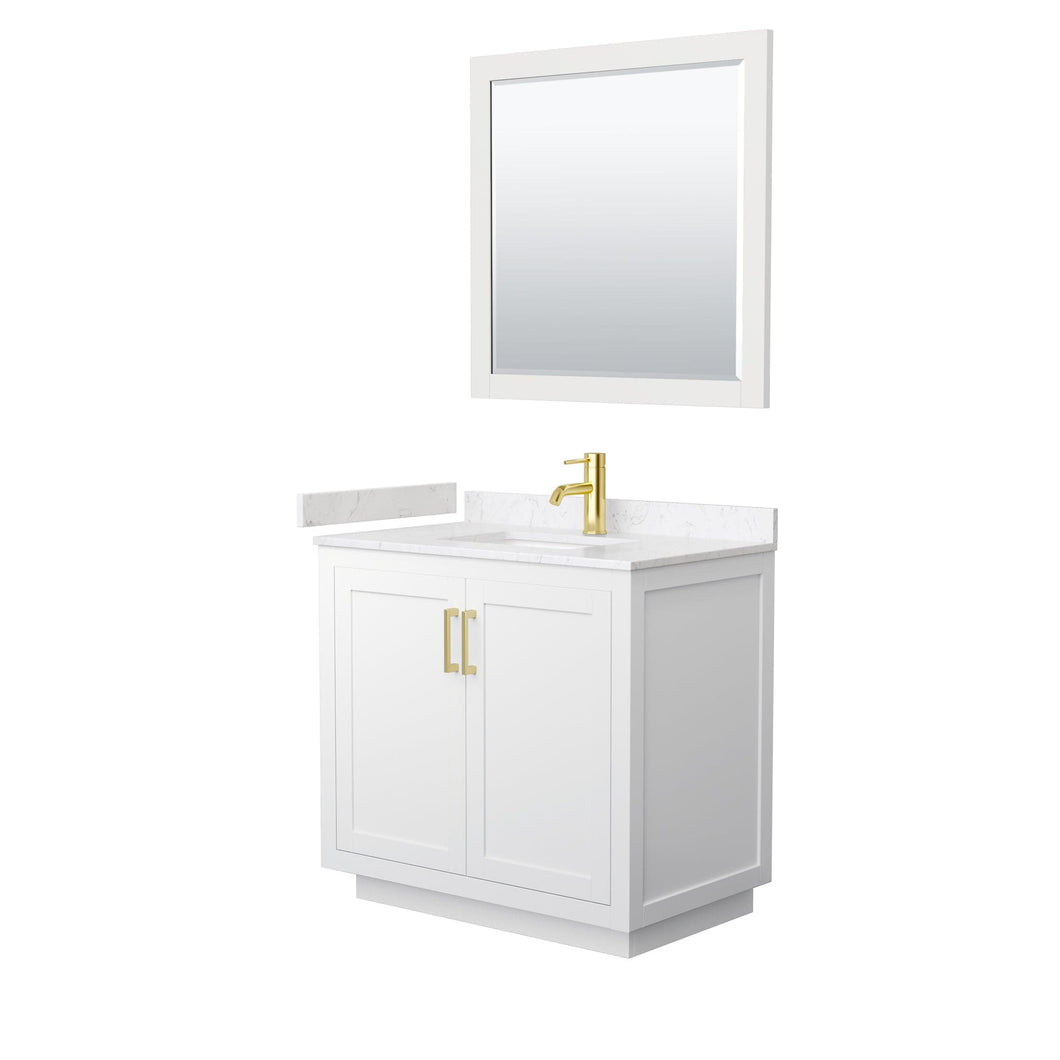 Wyndham Collection WCF292936SWGC2UNSM34 Miranda 36 Inch Single Bathroom Vanity in White, Light-Vein Carrara Cultured Marble Countertop, Undermount Square Sink, Brushed Gold Trim, 34 Inch Mirror