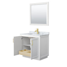 Load image into Gallery viewer, Wyndham Collection WCF292936SWGCMUNSM34 Miranda 36 Inch Single Bathroom Vanity in White, White Carrara Marble Countertop, Undermount Square Sink, Brushed Gold Trim, 34 Inch Mirror