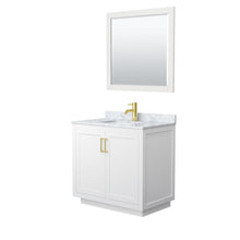 Load image into Gallery viewer, Wyndham Collection WCF292936SWGCMUNSM34 Miranda 36 Inch Single Bathroom Vanity in White, White Carrara Marble Countertop, Undermount Square Sink, Brushed Gold Trim, 34 Inch Mirror