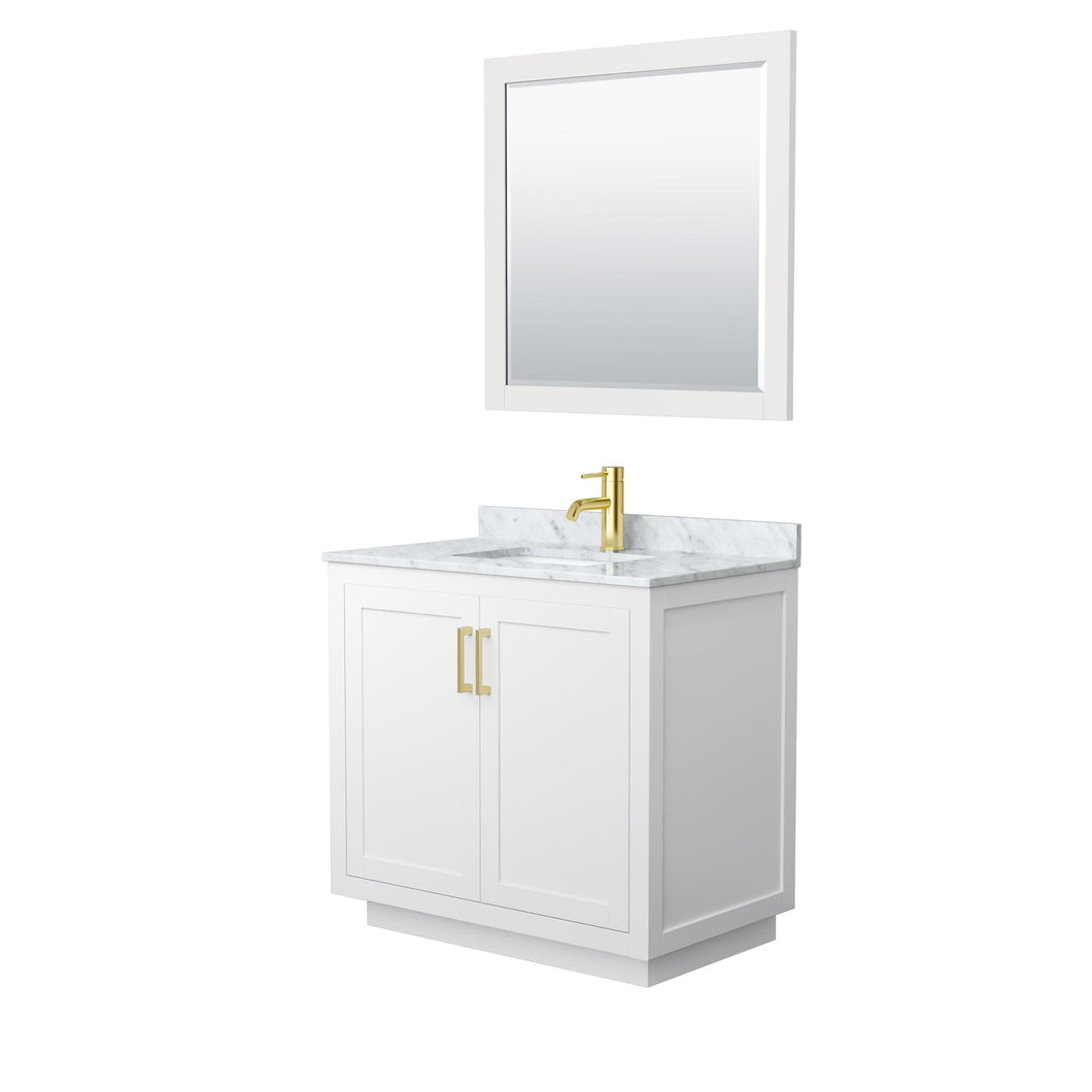 Wyndham Collection WCF292936SWGCMUNSM34 Miranda 36 Inch Single Bathroom Vanity in White, White Carrara Marble Countertop, Undermount Square Sink, Brushed Gold Trim, 34 Inch Mirror
