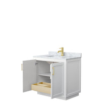 Load image into Gallery viewer, Wyndham Collection WCF292936SWGCMUNSMXX Miranda 36 Inch Single Bathroom Vanity in White, White Carrara Marble Countertop, Undermount Square Sink, Brushed Gold Trim